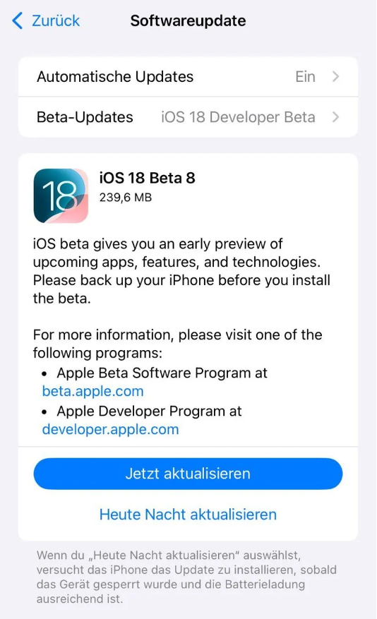 都昌苹果手机维修分享苹果 iOS / iPadOS 18 开发者预览版 Beta 8 发布 